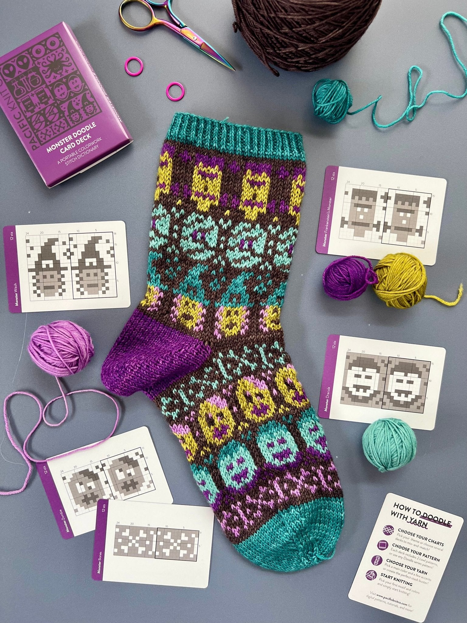 Monster Doodle Deck: Knitting Chart & Stitch Dictionary cards - Yarn Love Knitting Pattern