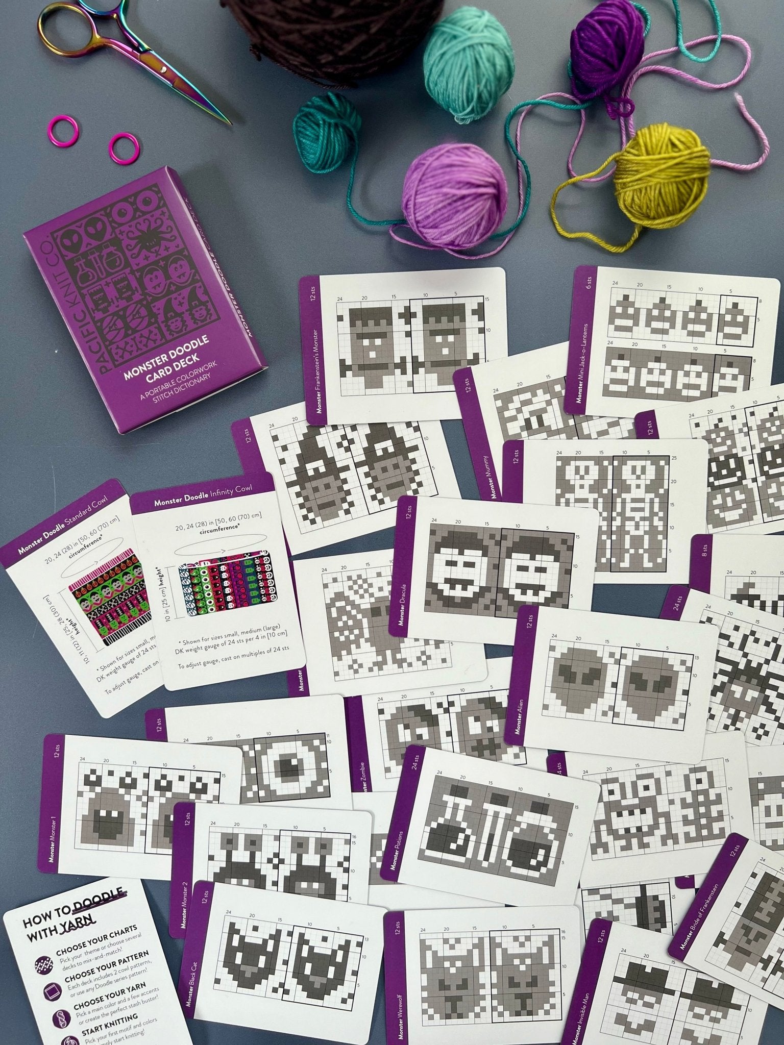 Monster Doodle Deck: Knitting Chart & Stitch Dictionary cards - Yarn Love Knitting Pattern